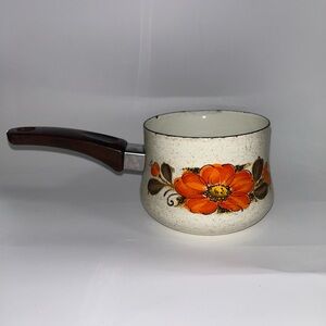 Vintage MCM Enamel Saucepan Pot Floral 70’s Retro Orange & Brown Cookware